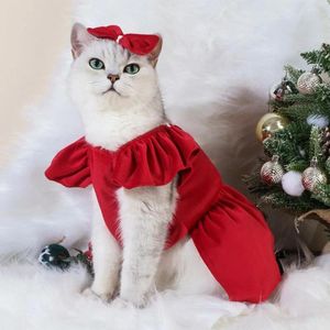 Cat Costumes 1 Set Pet Dress Christmas Dog Costume Elegant Red Kjol med Bow Headdress Princess Supplies Cosplay Xmas Fancy