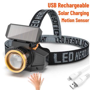 Kafa lambaları Güneş şarjı XPE LED Far Hareket Sensörü Far Far Pil El Feneri USB Su Geçirmez Kamp Kafa Kafa Lamba Torçu İş Işığı P230411