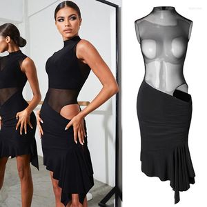 Stage Wear Unregelmäßiges Mesh-Ausschnitt Latin Dance Dress Sexy Black Sleeveless Competition Kostüme Kleider Salsa SL7269