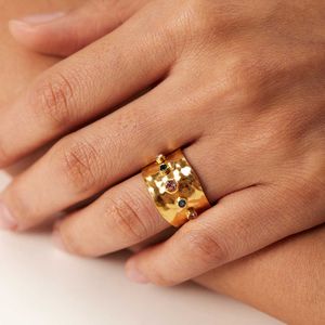 Band Rings Uworld Colorful Cubic Zircon CZ Stone Crystal Wide Band Jewelry Women Stainless Steel Waterproof 18K Gold Plated Statement Rings P230411