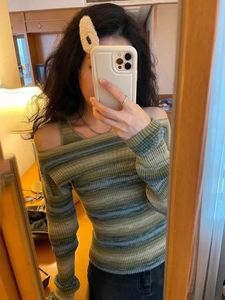 Women s Sweaters Deeptown Harajuku Off Shoulder Knitted Sweater Women Vintage Green Striped Jumper Fairycore Slim Two Piece Sets Y2K Tops E girl 231110