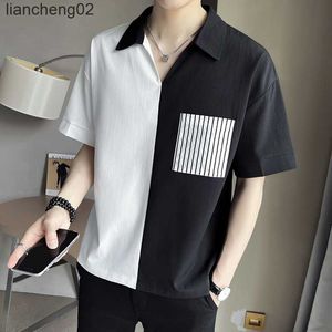 Mäns avslappnade skjortor 2022 Summer V-ringning Men skjorta Fashion Splicing Short Sleeve Loose Shirts Casual Business Social Party Tuxedo Blus Streetwear W0410