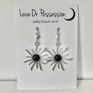 Dangle Earrings Large Statement Tibetan Silver Sun Black Onyx Gemstone & Moon Charm Stud Steel Drop Jewellery