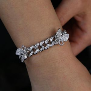 Länkarmband silverfärg klar 5a kubik zirkonia cz miami kubansk kedja 3 st fjäril charm 10mm kvinnor armband