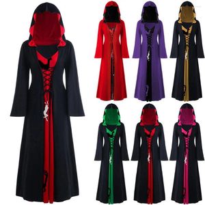 Vestidos casuais femininos medievais retrô vestido de bruxa fantasia de cosplay de halloween natal suzuka estampado com capuz túnica rendada robe