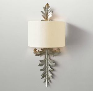 Wall Lamp Vintage Bohemia European Style Iron Silver Acacia Leaves Base E14 Socket With White Cloth Shade Light