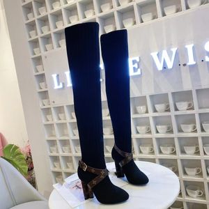 Women Sock Boots Designer Silhouette Ankel Boot Black Martin Booties Stretch High Heel Half Winter Thick Letter Shoes 35-42 02