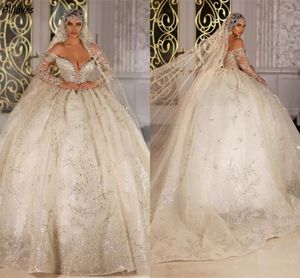 Luxury Dubai Arabic Turkish Wedding Dresses Sparkly Crystals Sequined Long Sleeves Princess Puffy Ball Gowns Sexy Off Shoulder V Neck Court Train Bridal Robe CL2916