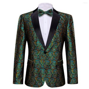 Herrenanzüge Designer Herren Grün Gold Paisley Seidenblazer Fliege Set Slim Fit Herrenjacke Mantel Hochzeitskleid Barry.Wang