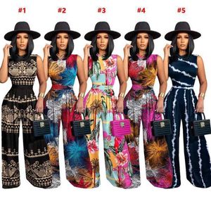Summer Women Two Piece Pants Suit Fashion Pattern Printed Sexy Sleeveless Jumpsuit And Wide Leg Pants Set Outfits