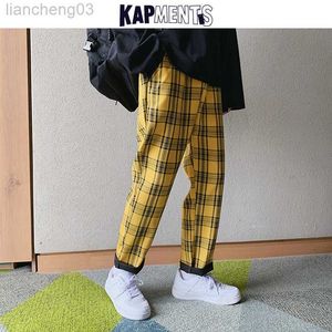 Herrbyxor Kapments Streetwear Yellow Plaid Pants Men JOGGERS 2022 Man Casual Straight Harem Pants Men Korean Hip Hop Track Pants Plus Size W0411