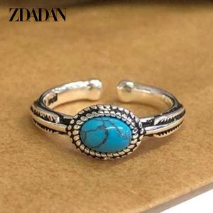 Band Rings Zdadan 925 Silver Blue Turquoise Rings for Women Carved Vintage Sterling Silver Jewelry P230411