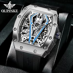 Relógios de pulso Oupinke Mens Watch Silicone Strap Impermeável Automático Mecânico para Homens Totalmente Oco Marca de Luxo Esporte Relógio de Pulso 3179 231110