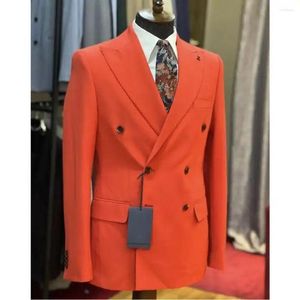 Men's Suits Orange Red Blazer Trousers Men Coat Double Breasted Jacket Pants Set 2 Pieces Office Casual Wedding Wear