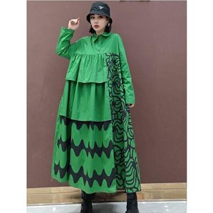 Casual Dresses Women Green Mönster Ruffled överdimensionerad skjorta Dress Lapel Lång ärm Loose Street Trend 2023 Spring Autumn Evening