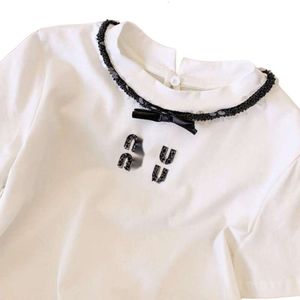 Miumius camiseta designer de moda de luxo feminino novo branco manga curta verão design sentido pequena indústria pesada diamante topo