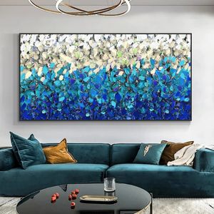 Målningar abstrakt blå grädde vit 100% handmålad oljemålning på duk tjock palettkniv målning väggkonst för heminredning 231110