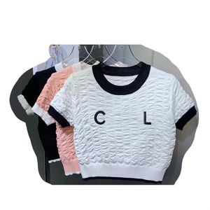 2023 Spring/Summer T-shirt New Womens Bubble Fold Small Fragrance Contrast Round Neck Short Sleeve Chest Letter Embroidery Trendy TopS-L