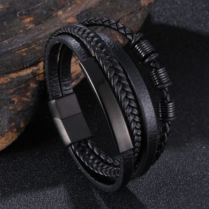 Charm Bracelets Customizable Engraving Black Multilayer Leather Bracelet Bangle Men Jewelry Casual Male Party Wrist Band Boyfriend Gifts FR1178 230411