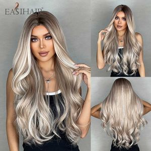 Synthetic Wigs Easihair Long Blonde Synthetic Wigs with Platinum Highlight Natural Wave Hair for Women Middle Part Cosplay Wig Heat Resistant 230227