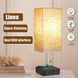 Bordslampor Multifutional Bedside Lamp Desk med dubbla USB -portar Tygskugga