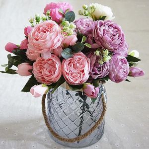 Dekorativa blommor White Rose Pink Blue Silk Peony Artificial Bouquet Big Head and Bud Fake For Home Wedding Decoration Inomhus