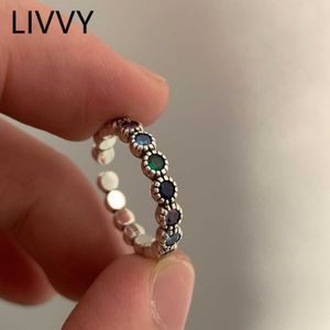 Band Rings LIVVY Silver Color New fashion Multi-colored Circular Zircon Chain Ring For Women Trendy Creative Adjustable Party Fine Jewelry P230411