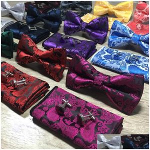 3Pcs/Set Classic Paisley Bow Ties Set Mens Fashion Bowtie Handkerchief Cufflinks Sets 17 Styles Wedding Party Business Drop Delivery Dhsnp