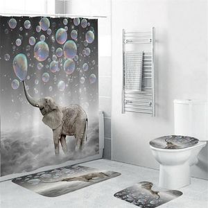 4pcs Elephant Waterproof Polyester Bubbles Bathroom Shower Curtain Toilet Cover Mat Non-Slip Floor Mat Rug Set with 12 Hooks LJ201256j