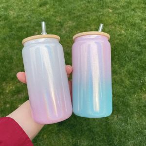 تسامي 16oz Glitter Gradient Glass Can Can Pumbler Creative Feather bottle مع غطاء وقش شابير الصيف Mason Jar Cup New New
