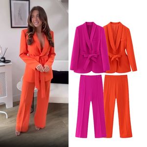 Women's Two Piece Pants Set 2023 Spring Fashion Slim Belt Women Suit Chic High Waist Wide Leg Blazers Sets Party Holiday Street 2 Piece 230411