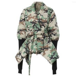 Women's Trench Coats Camouflage Asymmetrical Puffer Jacket Women 2023 Winter Clothes Thick Warm Long Sleeve Bow Cotton Down Coat Female