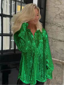 여자의 블라우스 셔츠 스팽글 긴 소매 탑 녹색 흰색 솔리드 크기의 파티 클럽 섹시 의상 y2k 옷 220410