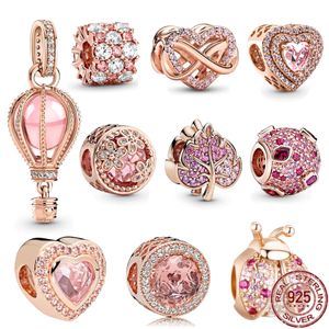 Charm Pandora in argento sterling 925 e perline a cuore scintillante I gioielli in mongolfiera rosa sono adatti per bracciale classico primitivo Accessori moda fai da te