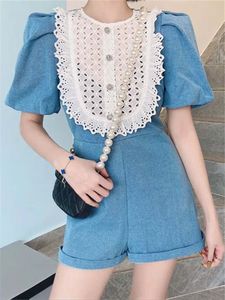 Women's korean fashion jumpsuits puff short sleeve o-neck lace patched denim jeans shorts playsuit rompers SMLXL