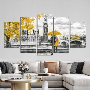 Paintings 5pcs Abstract People Walking In The Rain With Yellow Umbrella Leaves 100% Hand Painted Oil Painting On Canvas Home Decoration 231110