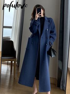 Женское полушерстяное длинное пальто, повседневная женская двубортная искусственная куртка, осенняя мода, корейская женская черная одежда, зимняя 231110