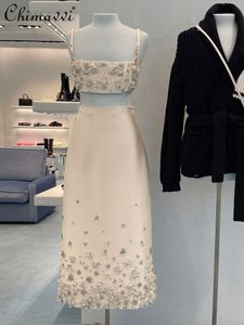 Two Piece Dress Highend Luxury Hepburn Style White Twopiece Set 2023 Summer Sexy Sling High midja Slim Midlength Kjol Elegant Outfit 230410