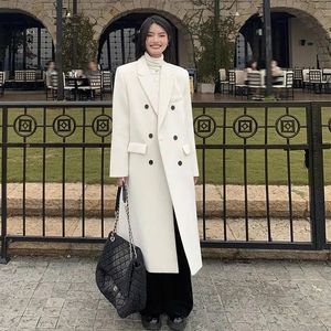 Женская полушерстяная корейская белая ветровка шерстяное пальто женская зима осень отложной воротник двубортный толстый теплый длинный женский пиджак 231110