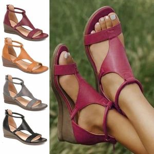 Sandaler Womens Shoes Comfort Summer Plus Size 43 Ladies Sandals Heel Zipper Retro Wedge Sandaler Woman Soft Bottom Beach Muje 230410