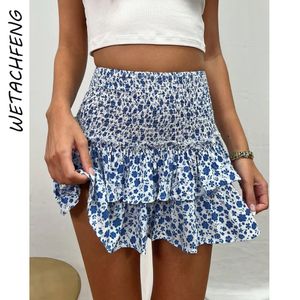 Skirts Summer Beach Boho Blue Pleated Skirt Ruffles Floral Printed Mini Skirt Elegant Sweet High Waist ALine Short Dress Woman Clothes 230410