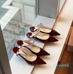 Bing flat pointed toes slippers crystal studded embellished mules Burgundy patent leather shoes Rhinestone women's sandals luxe lounge flats