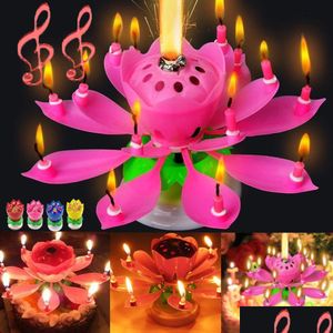 Candles Romantic Musical Candle Lotus Flower Happy Birthday Art Lights For Diy Cake Decoration Kids Gift Party Drop Delivery Dhtaz