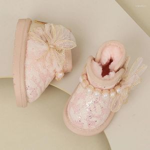 Boots 12-16cm Bling Baby Girls Snow With String Bead Sequined Warm Ankle Thick Plush For Little Princess Winter