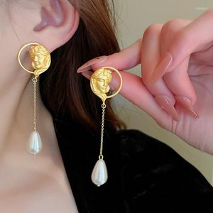 Dangle Earrings Minar Unique Gold Color Metallic Head Portrait Circle Long Drop For Women Simulated Pearl Pendant Earring Party Jewelry