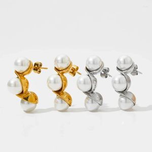 Stud Earrings INS 16K Gold Plated Stainless Steel Inlaid White Pearl C Shaped For Women Texture Post Earring Jewelry Gift