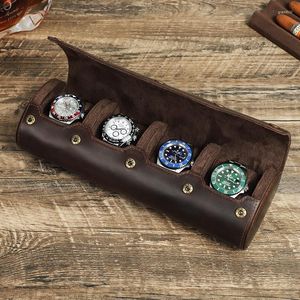 Titta på lådor Luxury 4 Slots Roll Box Leather Case Holder For Men Travel Watches Organizer Display Jewel Storage Pouch Gift