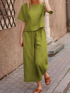 Women's Two Piece Pants Summer 2 Sets Womens Outfit Linen Cotton Tee Tops And Loose Oversized Casual Daily Thin Short Sleeve Suit Streetwear
