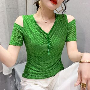 Women's T Shirts 2023 Summer Short Sleeved V-Neck Folds Women's T-Shirt Fashion Sexy Off The Shoulder Mesh Tops Clothes