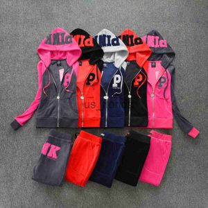 Kvinnors tvåbitar byxor y2k rosa varumärke sammet tracksuit velours casual sport set kvinnors vår 2023 mode splice hoodie sweatshirt 2 piece set j231111